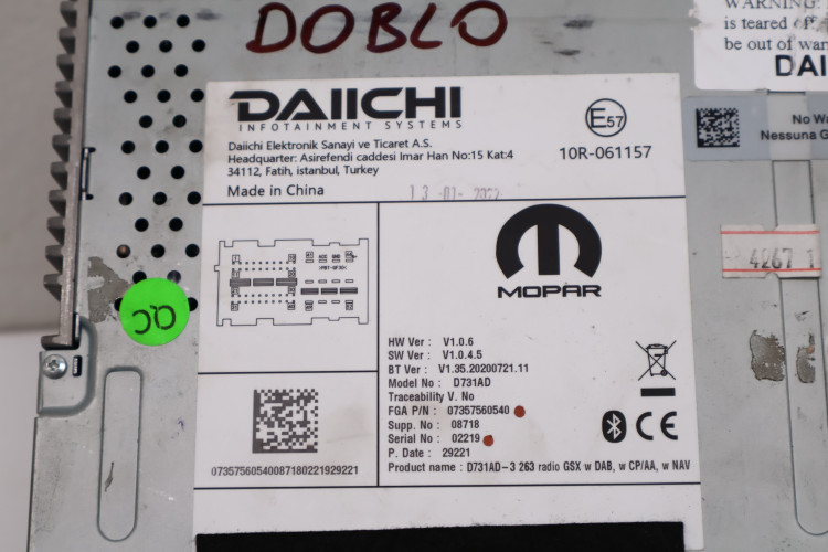 FIAT DOBLO II RADIO EKRAN NAWIGACJA '07357560540